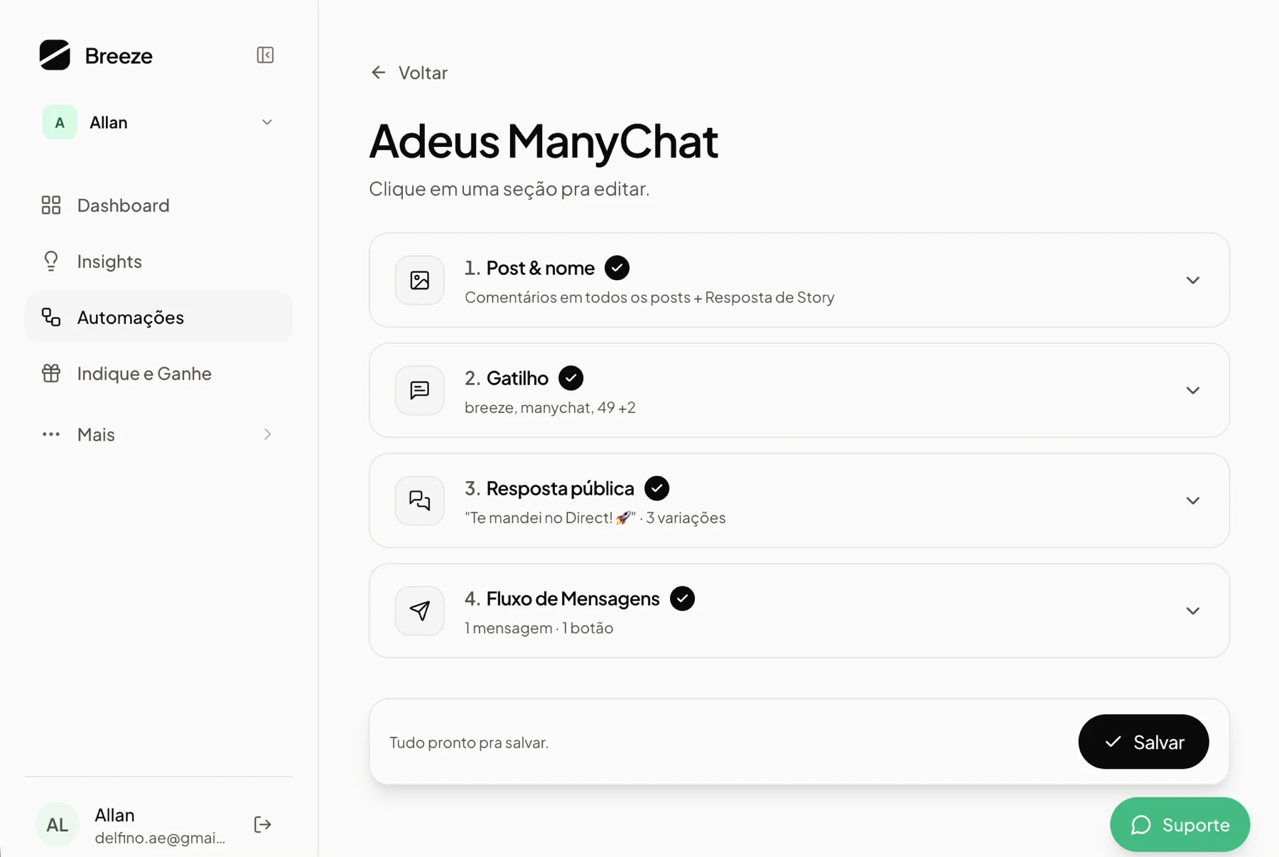 Automação Comentário → DM montada no painel do Breeze